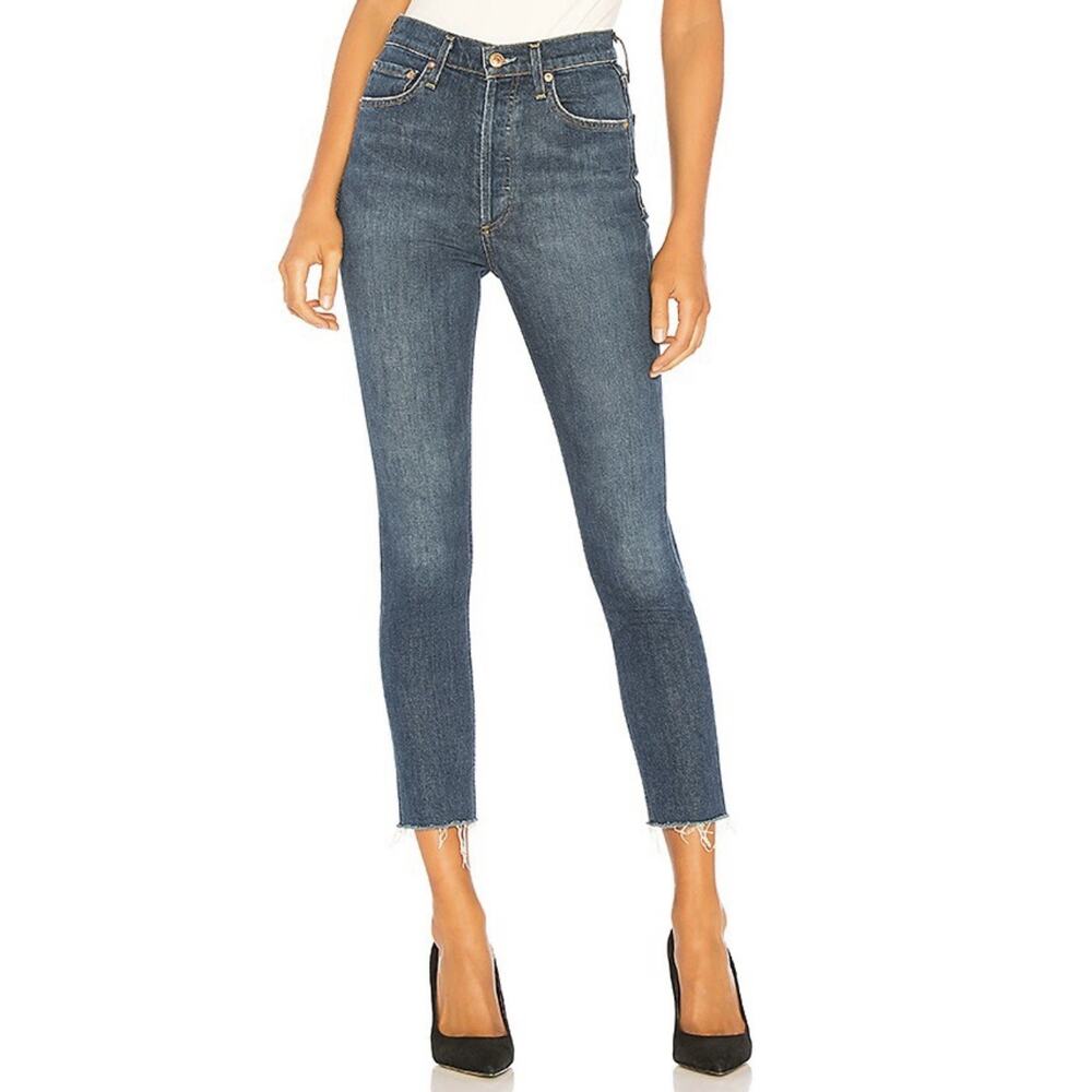 Agolde Womens Nico High Rise Jeans 26 Button Fly Raw Hem Slim Fit Cropped Blue